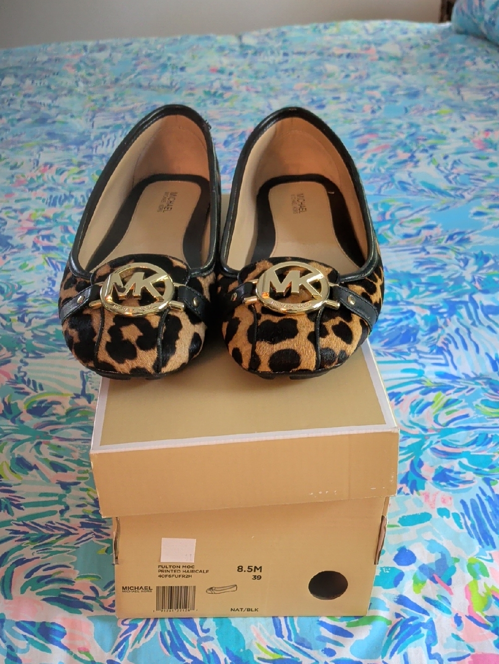 Michael Kors Leopard Ballet Flats with Gold MK Emblem